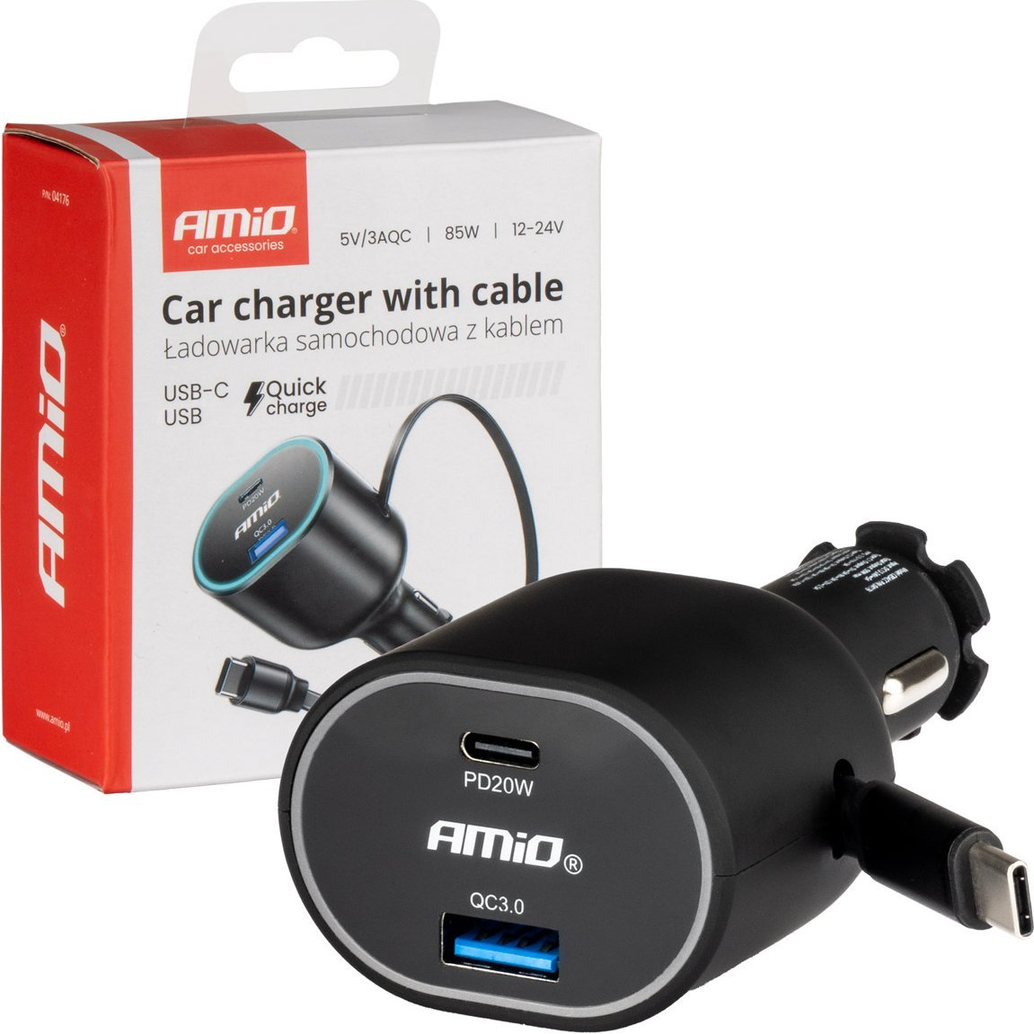 Gyors Autós Töltő Behúzható Kábellel 50W Pd30W Pd20W + Qc3.0 USB-A USB-C Amio-04176