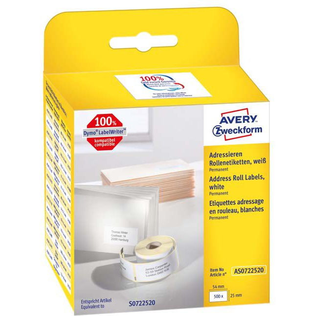 Avery-Zweckform Etikett tekercs Kompatibilis helyettesíti DYMO 11352, S0722520 54 x 25 mm Papír Fehér 500 db Véglegesen tapadó Cím etikett AS0722520 (AS0722520)