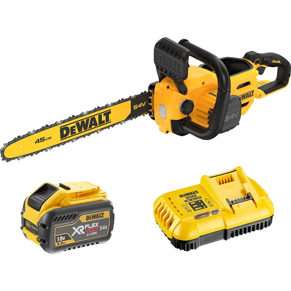 Акумулаторен верижен трион DeWALT DCMCS574X1, 18V/54V XR Flexvolt, безчетков мотор, дължина на острието 45 см, скорост на веригата 13,5 м/с, автоматично смазване с масло, включва: зарядно + батерия 54V XR Flexvolt 9,0 Ah
