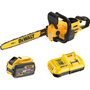 Акумулаторен верижен трион DeWALT DCMCS574X1, 18V/54V XR Flexvolt, безчетков мотор, дължина на острието 45 см, скорост на веригата 13,5 м/с, автоматично смазване с масло, включва: зарядно + батерия 54V XR Flexvolt 9,0 Ah