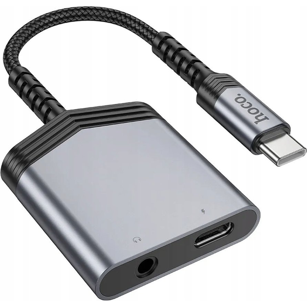 Hoco audió adapter és töltőkábel (elosztó, Type-C+3.5mm jack aljzat - Type-C, 27W, 15cm) VILÁGOSSZÜRKE (LS39)
