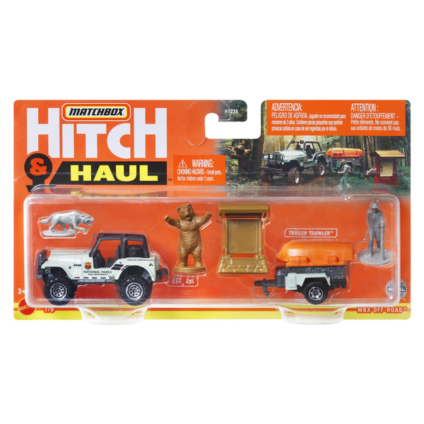 MATCHBOX HITCH&HAUL SET 2 VEHICULE MBX OFF ROAD 1988 JEEP 4X4 TRAILER TRAWLER SCARA 1:64