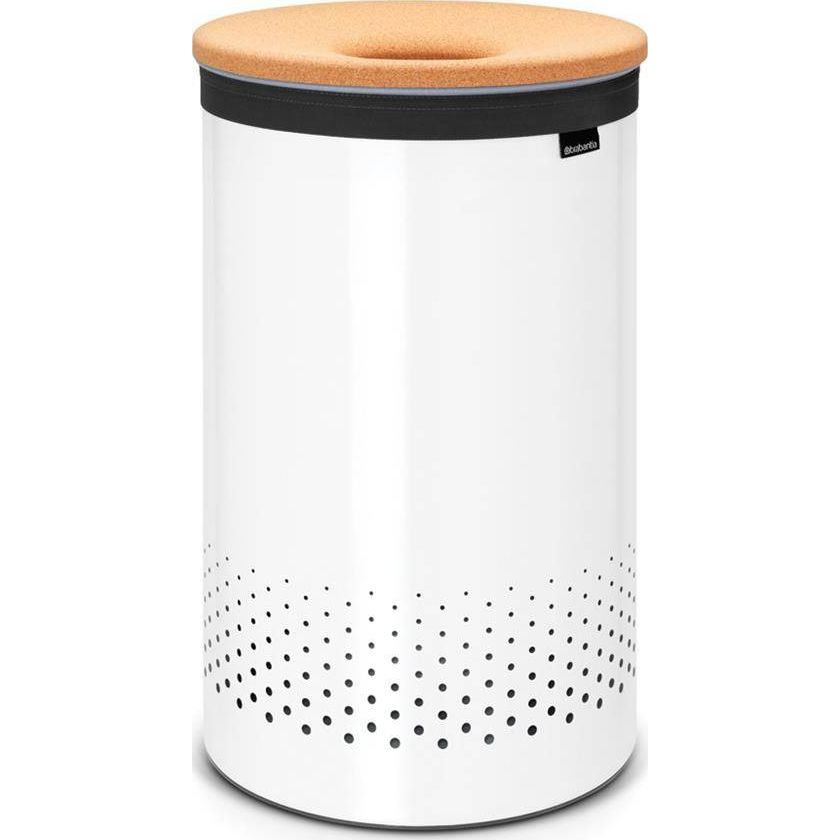 Brabantia Laundry Bin szennyestartó szellőző nyílásokkal, tépőzáras, mosható szennyesgyűjtő zsák, henger forma, nagy méret 60L, parafa fedő, acél, fehér - 104404 (920004920)