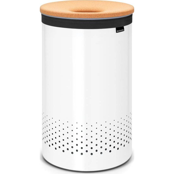 Brabantia Laundry Bin szennyestartó szellőző nyílásokkal, tépőzáras, mosható szennyesgyűjtő zsák, henger forma, nagy méret 60L, parafa fedő, acél, fehér - 104404