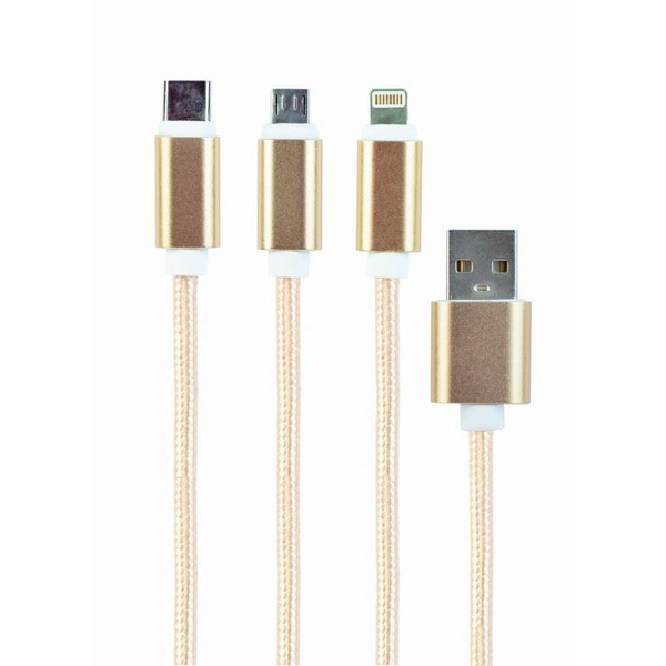 Cablu alimentare si date Gembird, USB 2.0 (T) la tip Lightning (T) + Micro-USB 2.0 (T) + USB 2.0 Type-C (T), 1m, Auriu, CC-USB2-AM31-1M-G