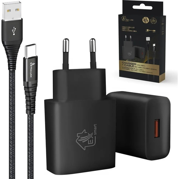 Vida Inteligente Extralink | Usb Tipo A - Tipo C Seti, 200 Cm, Siyah + 12 W Şarj Cihazı | Siyah
