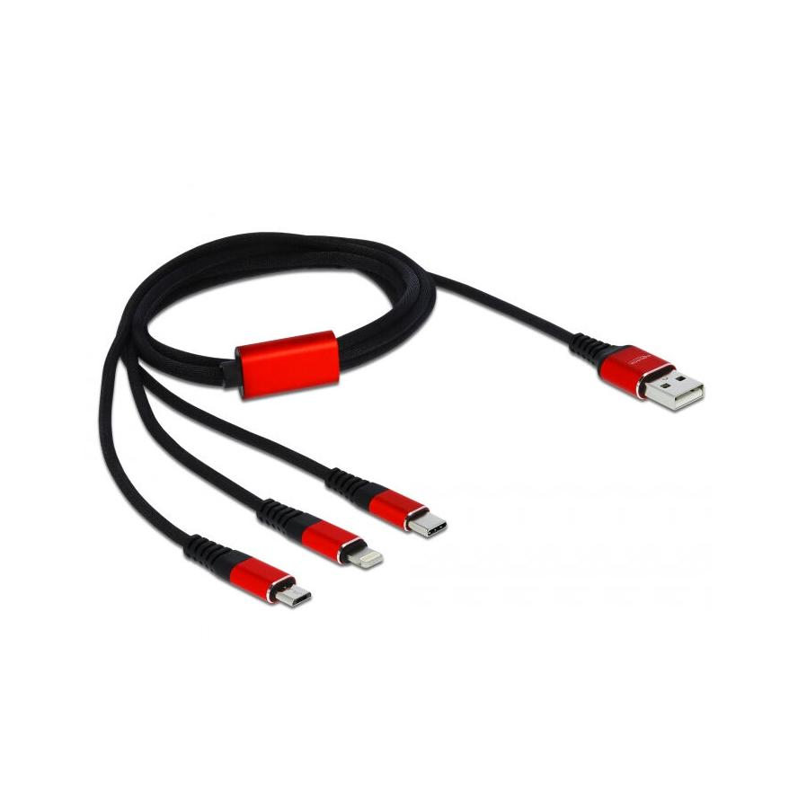 DeLOCK 3in1 USB-A apa - Lightning apa + MicroUSB-B apa + USB-C apa Töltőkábel 1m - Fekete (85892)