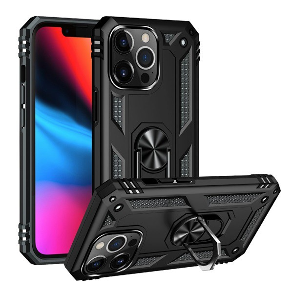 Пластмасов протектор за телефон Apple iPhone 13 Pro Defender (средна удароустойчивост, силиконова вътрешна част, пръстен за държач на телефона, вградена метална пластина) черен