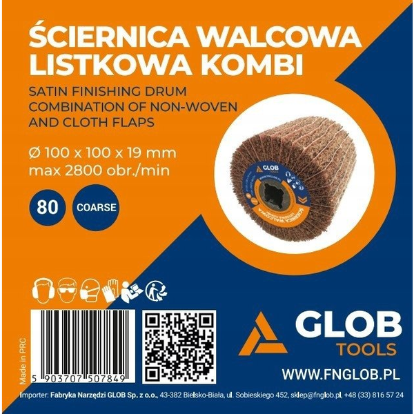 Glob Ściernica walcowa listkowa GLOB TOOLS kombi 100x100x19mm Satyniarka