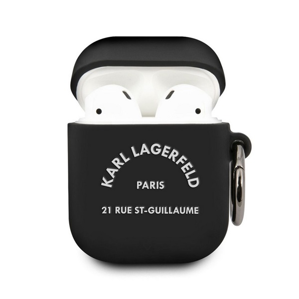 CG MOBILE KARL LAGERFELD RUE ST GUILLAUME szilikon tok (karabíner) FEKETE Apple AirPods 1/2 (KLACA2SILRSGBK)