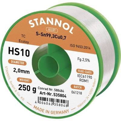 Stannol HS10 2510 Forrasztóón, ólommentes Tekercs Sn99.3Cu0.7 250 g 2 mm (535769)
