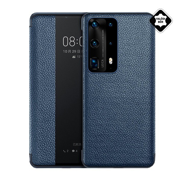 Калъф вертикален, естествена кожа (активен FLIP, странично отваряне, Smart View Cover) ТЪМНО СИН [Huawei P40] (5996457951284) - Калъфи за телефони