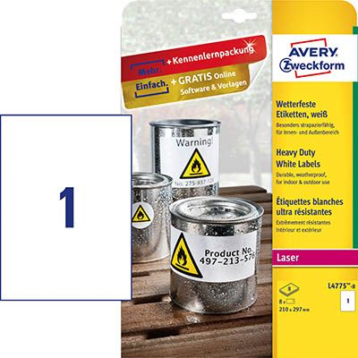 Avery-Zweckform L4775-8 210 x 297 mm Poliészter fólia Fehér 8 db Véglegesen tapadó Fólia címkék Lézer, Másolat (L4775-8)