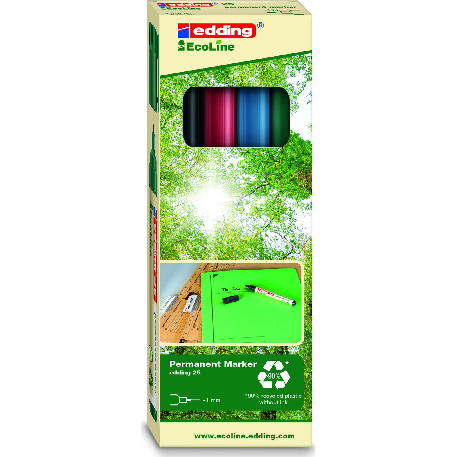 Edding 25 EcoLine 4-25-4 Permanent marker Fekete, Piros, Kék, Zöld Vízálló: Igen (4-25-4)