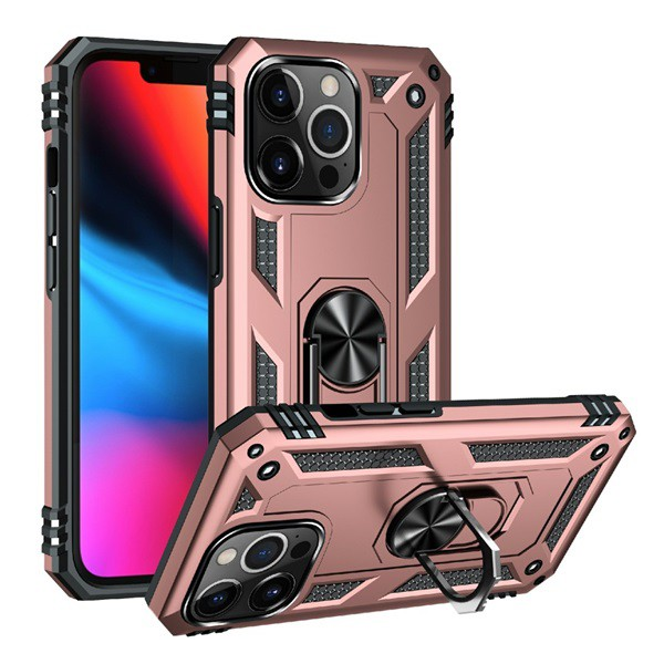 Defender műanyag telefonvédő (közepesen ütésálló, szilikon belső, telefontartó gyűrű, beépített fémlemez) ROZÉARANY [Apple iPhone 13 Pro Max] (5996591097572)