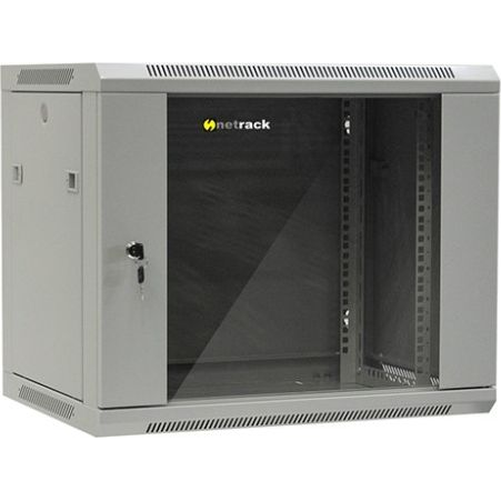 Стенен шкаф Netrack със стъклена врата и подвижна странична част, 9U / 450 мм, 19 ”, сив