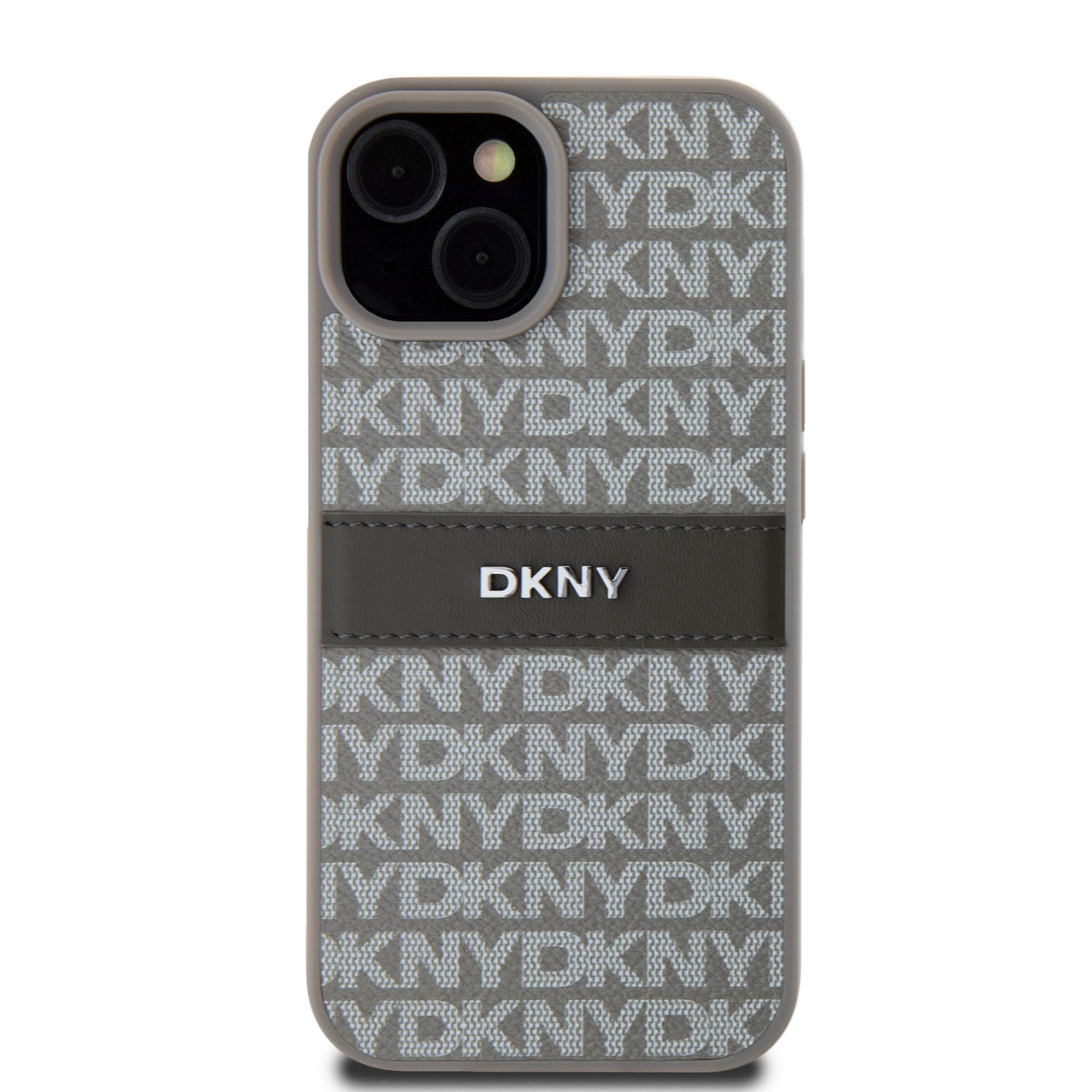 DKNY iPhone 15 Ismétlődő mintás PU Bőr Telefon tok - Bézs (DKHCP15SPRTHSLE)