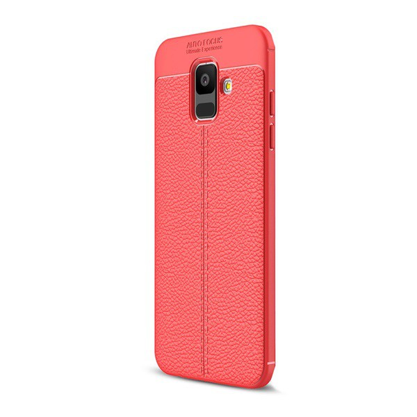 Szilikon telefonvédő (közepesen ütésálló, bőr hatású, varrás minta) PIROS [Samsung Galaxy A6 (2018) SM-A600F] (5996457771462)