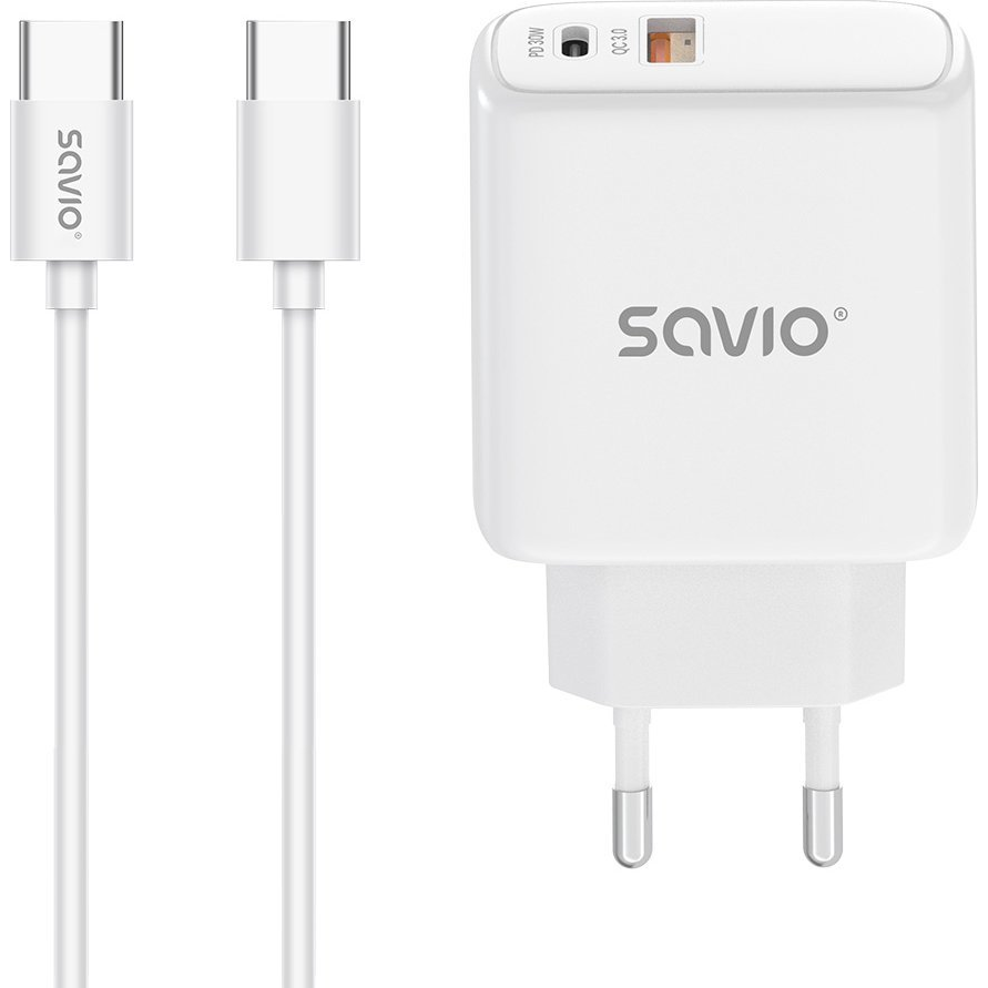 Savio LA-10 USB-C / USB-A Hálózati Gyorstöltő adapter 30W + 1m USB-C Kábel - Fehér (85044083)