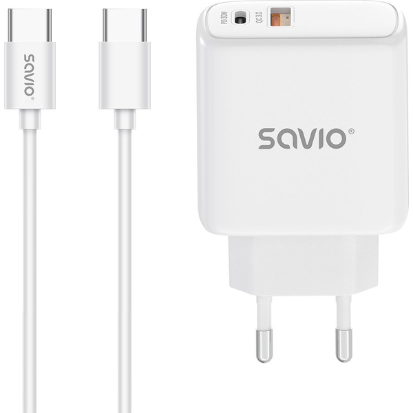 SAVIO LA-10 Ładowarka sieciowa 30W Quick Charge, Power Delivery 3.0, Biała + Kabel