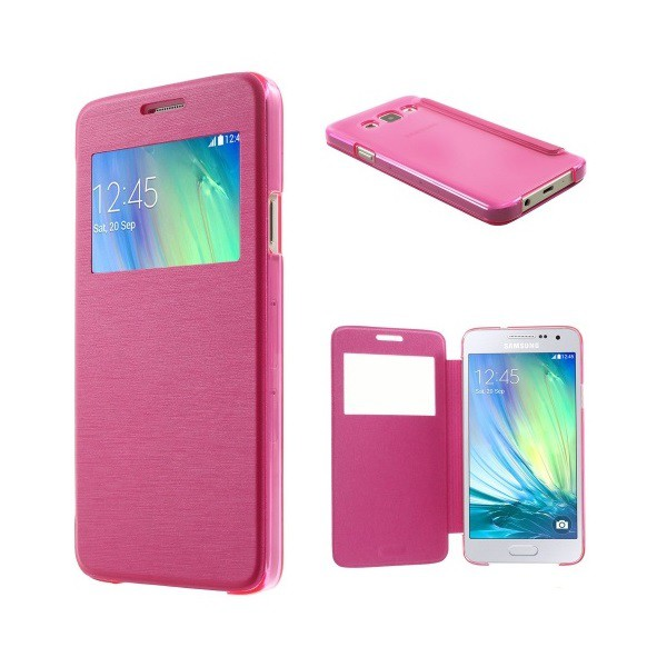 Tok álló, bőr hatású (FLIP, oldalra nyíló, S-View cover, szálcsiszolt mintázat) MAGENTA [Samsung Galaxy A3 (2015) SM-A300F] (5996457513727)