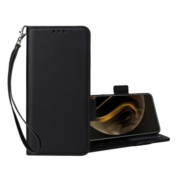 TCL 50 Pro NxtPaper, Oldalra nyíló tok, stand, kártyatartóval, kézpánttal, bőrhatású, prémium, fekete