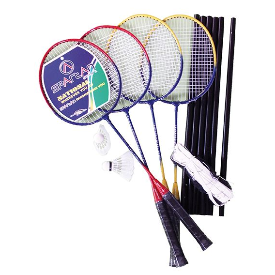 Двоен комплект за бадминтон, състоящ се от 4 хилки, мрежа и 2 волани, многоцветен