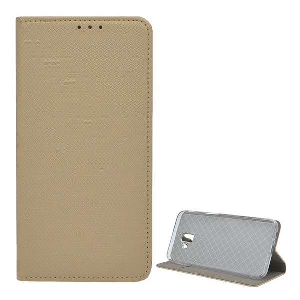 Tok álló, bőr hatású (FLIP, oldalra nyíló, asztali tartó funkció, rombusz minta) ARANY [Samsung Galaxy J6 Plus (SM-J610F)] (5996457816200)
