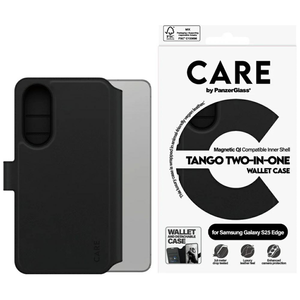 PanzerGlass CARE by ® Feature Case Tango Two-in-One Wallet w. Qi-Compatible Samsung S25 Edge mobiltelefon etui Cover Sort