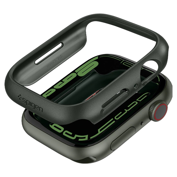 Apple Watch 7 (45 мм), пластмасова защитна рамка, без каишка, Spigen Thin Fit, тъмно зелен (114265)