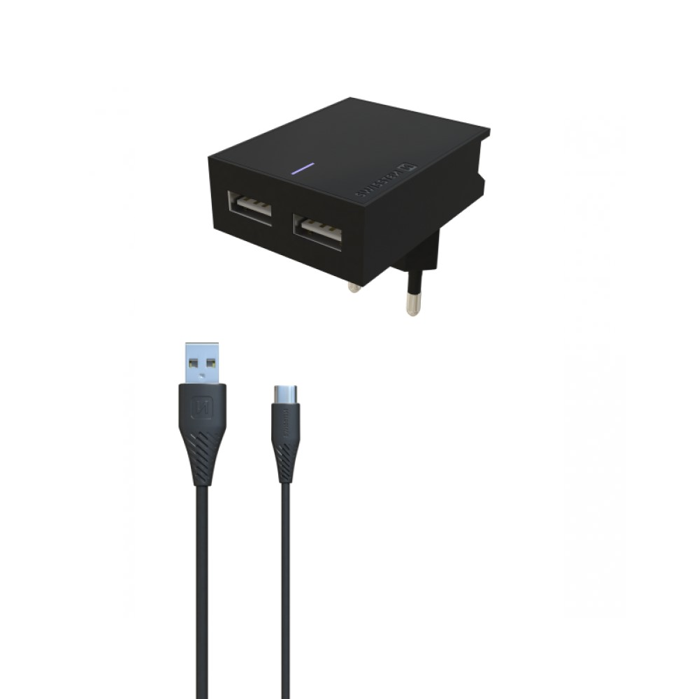 Swissten 22048000 2x USB Type-A Hálózati töltő + 1.2m Lightning kábel - Fekete (5V / 3A) (SW-DET-3AWCL-B)