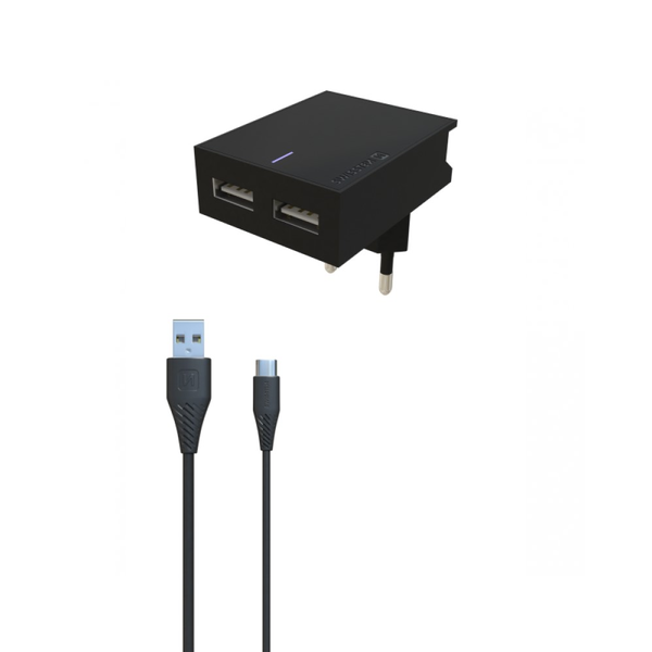 Swissten 22048000 2x USB Type-A Hálózati töltő + 1.2m Lightning kábel - Fekete (5V / 3A)