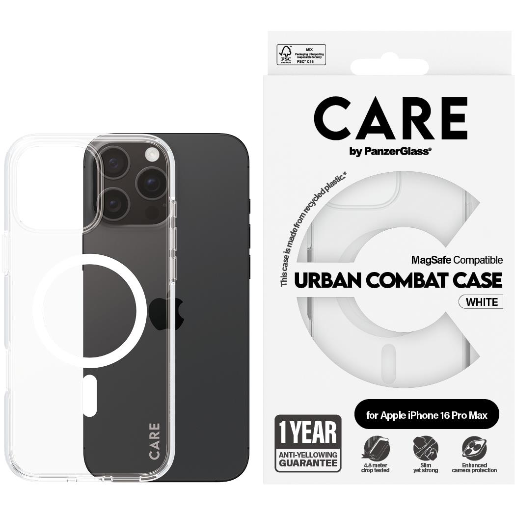 PanzerGlass CARE Apple iPhone 16 Pro Max MagSafe Combat átlátszó/fehér nem sárguló tok (1340)