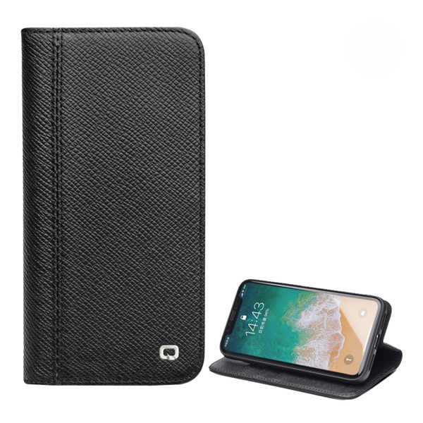 QIALINO tok álló, valódi bőr (aktív FLIP, oldalra nyíló, asztali tartó funkció, kivehető szilikon telefonvédő) FEKETE [Apple iPhone XS 5.8] (5996457780402)