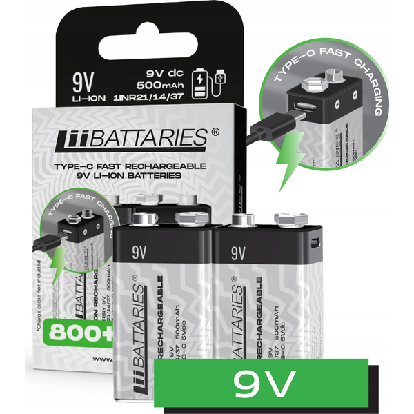 Liibattaries USB-C Polnilne zmogljive baterije Lithium-Ion 9V 500mAh 9V (2pcs)