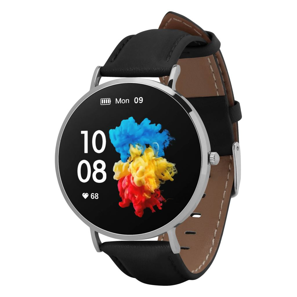 Garett Verona okosóra 1,3" AMOLED ezüst-fekete bőr szíjjal (VERONA_SREB_CZARN_SKOR)