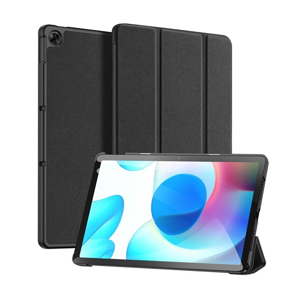 DUX DUCIS DOMO tok álló, bőr hatású (aktív FLIP, oldalra nyíló, TRIFOLD asztali tartó funkció, textil minta) FEKETE [Realme Pad] (5996591128887)