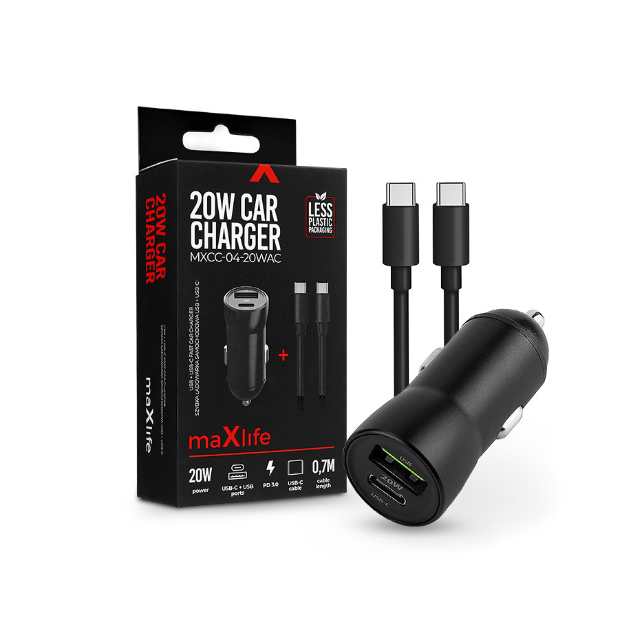 Maxlife szivargyújtós töltő adapter USB + Type-C bemenettel + Type-C - Type-C kábel - 20W - Maxlife MXCC-04-20WAC PD3.0 + QC3.0 Car Charger - fekete (ML269393)