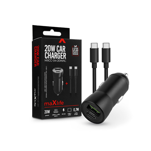 Maxlife szivargyújtós töltő adapter USB + Type-C bemenettel + Type-C - Type-C   kábel - 20W - Maxlife MXCC-04-20WAC PD3.0 + QC3.0 Car Charger - fekete