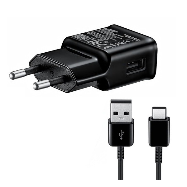 SAMSUNG hálózati töltő USB aljzat (5V / 2000 mA, gyorstöltés támogatás + Type-C kábel) FEKETE (EP-TA200EBE_TYPEC)
