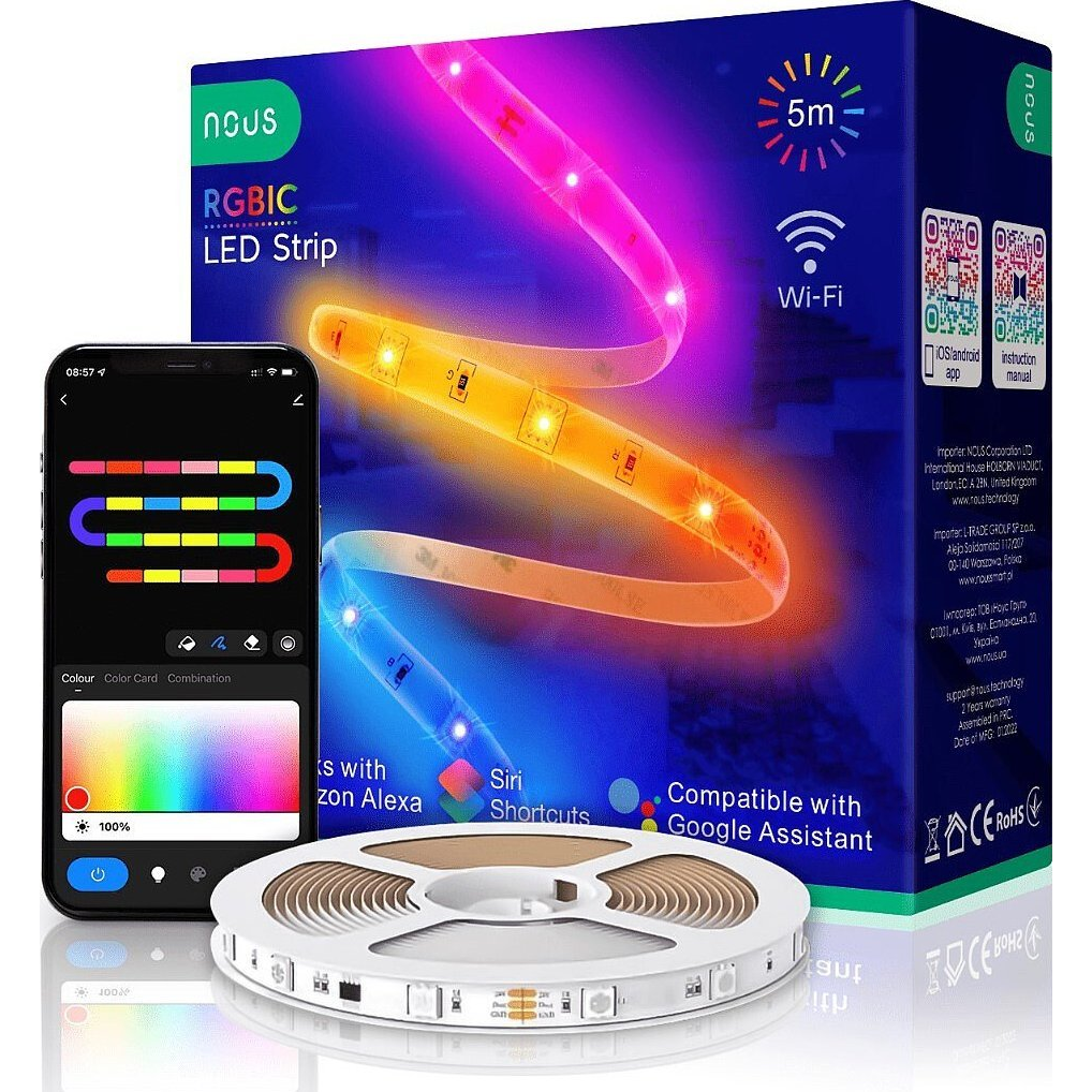 Nous F4 okos Tuya Wi-FI RGBIC (chip-enként vezérelhető) LED szalag, 5 méter (NOU-LAM-F4-LEDRGBIC5-TUYA)