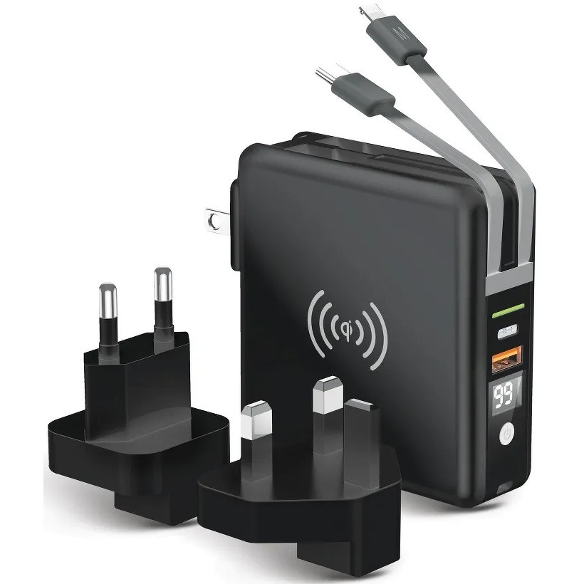 Hálózati töltő adapter + külső akkumulátor, 10000 mAh, 20W, USB aljzat, USB Type-C aljzat, beépített USB Type-C és Lightning kábellel, Vezeték nélküli töltővel, LED kijelzővel, Forcell, fekete (129448)