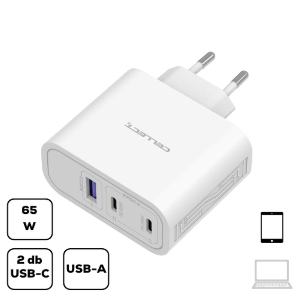 Cellect 2xUSB-C, 1xUSB-A hálózati töltő adapter gyorstöltő funkcióval 65W fehér (MTCB-PD65W-W)