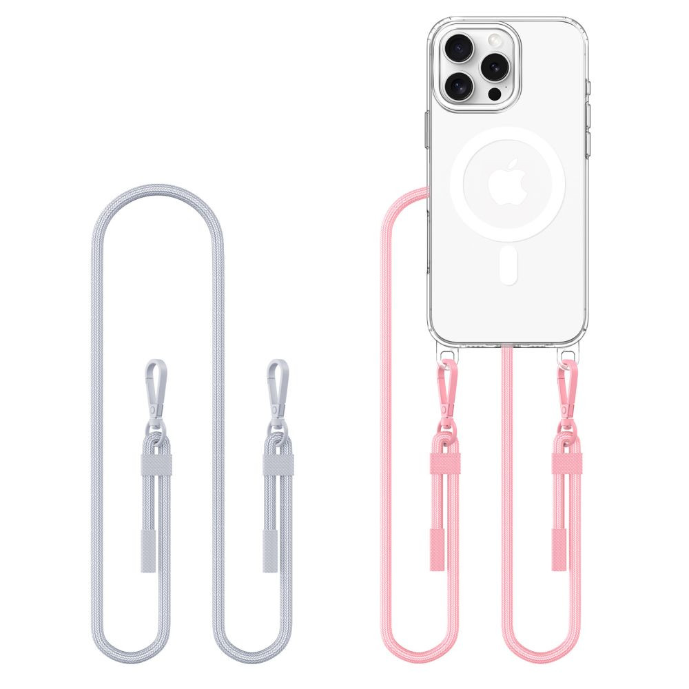 Apple iPhone 16 Pro Max, Szilikon védőkeret + műanyag hátlap, nyakbaakasztó, Magsafe töltővel kompatibilis, FlexAir Chain Magsafe, átlátszó (szürke, rózsaszín) (5906302380220)