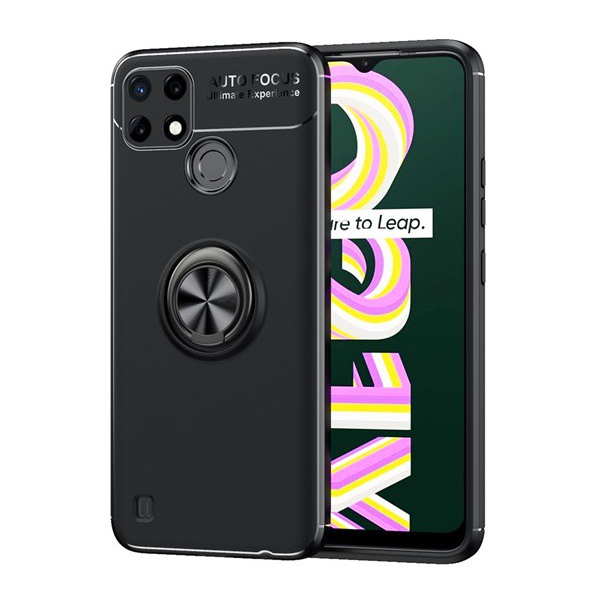 Szilikon telefonvédő (asztali tartó funkció, telefontartó gyűrű, 360°-ban forgatható, beépített fémlemez) FEKETE [Realme C21Y] (5996591129280)