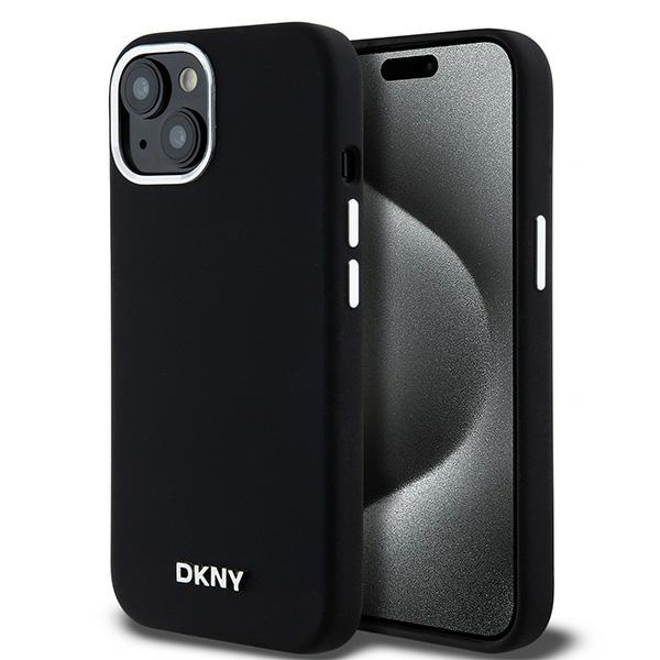 DKNY iPhone 13 / 14 / 15 MagSafe Fém LOGO keménykeretes Szilikon Telefon tok - Fekete (DKHMP14SSMCHLK)