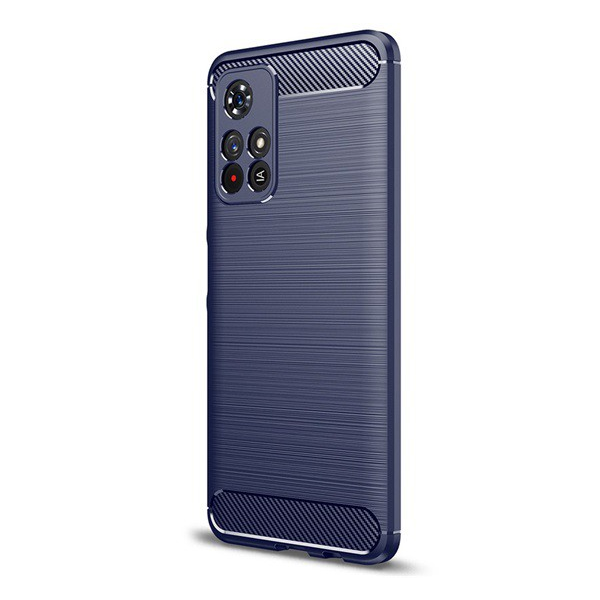 Szilikon telefonvédő (közepesen ütésálló, légpárnás sarok, szálcsiszolt, karbon minta) SÖTÉTKÉK [Xiaomi Poco M4 Pro 5G] (5996591116587)