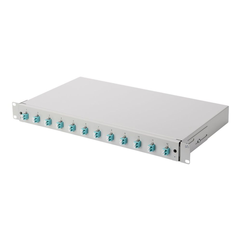 DIGITUS DN-96331/3 1U 12xLC duplex OM3 toldóval pigtaillel és kötőkazettával szerelt optikai rendező (DN-96331/3)