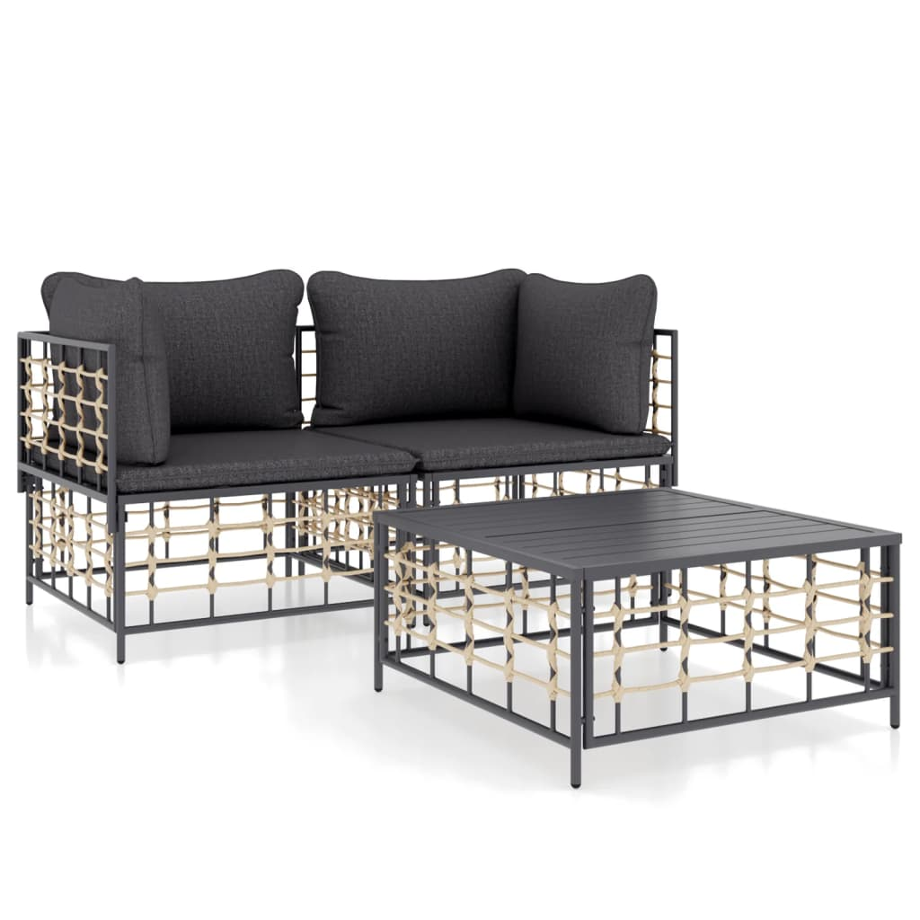 3-részes antracitszürke polyrattan kerti ülőgarnitúra párnákkal (3186693)