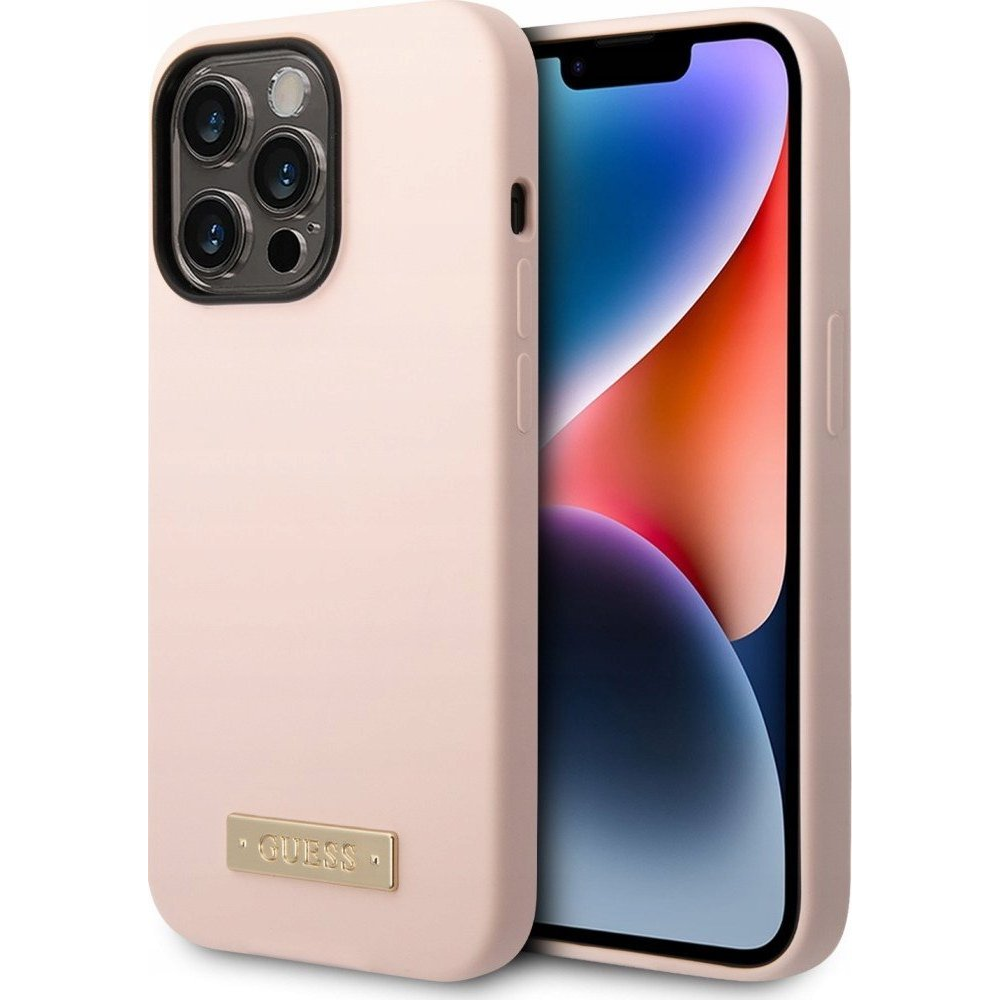 Guess Silicone Metal Logo MagSafe Apple iPhone 14 Pro Max hátlap tok, rózsaszín (GUE2055)